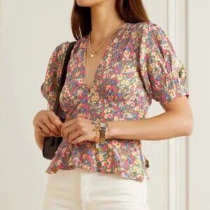 Doen Yana Floral Print Silk Crepe De Chine Blouse Top, Size M